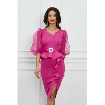 Rochie Andra fucsia din neopren cu maneci din organza