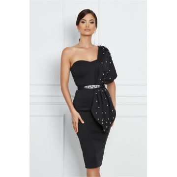 Rochie Antonia neagra din neopren cu un umar gol accesorizata cu perle
