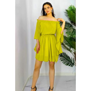 Rochie baby-doll Azale, in clos, cu maneci oversize si volane, Olive, Masura S/M