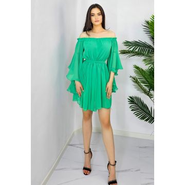 Rochie baby-doll Azale, in clos, cu maneci oversize si volane, Verde prasin, Masura S/M