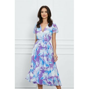 Rochie Dana mov cu imprimeuri bleu si cordon in talie