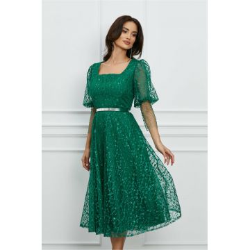 Rochie Denisa verde din tulle cu plasa la maneci si curea in talie