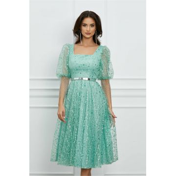 Rochie Denisa verde mint din tulle cu plasa la maneci si curea in talie