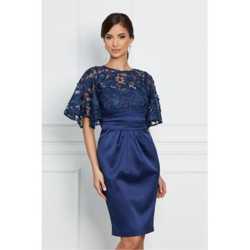Rochie Dy Fashion bleumarin din tafta cu dantela florala la bust