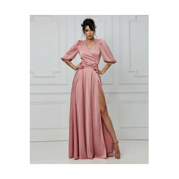 Rochie Eleganta din Satin, Petrecuta pe Bust si Accesorizata cu Funda in Talie, Appolonis, Roz Prafuit