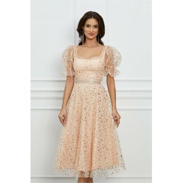 Rochie Ella bej cu glitter si curea in talie