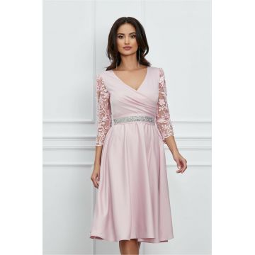 Rochie Ella Collection Adria roz cu maneci din dantela si cordon in talie