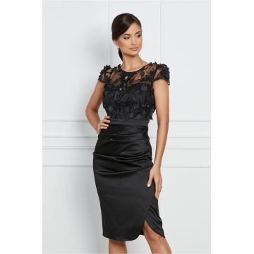 Rochie Ella Collection Catlin neagra cu flori la bust si maneci scurte