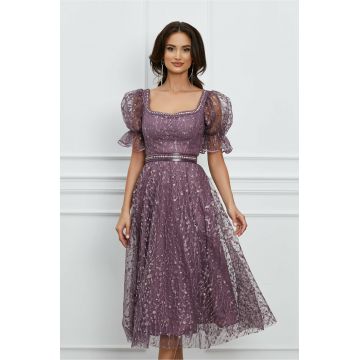 Rochie Ella lila cu glitter si curea in talie