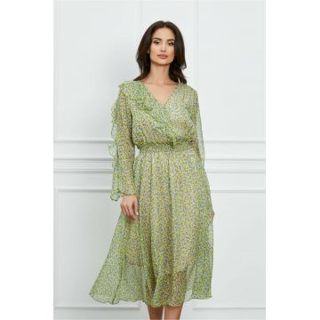 Rochie Florance verde cu imprimeuri albastre