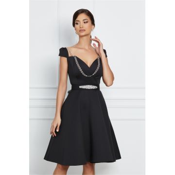 Rochie Gabriela neagra din neopren cu aplicatie tip lant si curea in talie