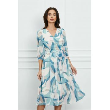 Rochie Geanina bleu cu imprimeuri roz si cordon in talie