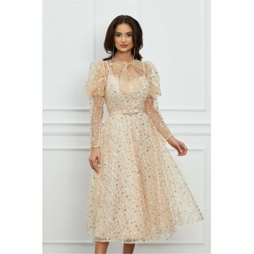 Rochie Ina bej cu glitter si funda din organza