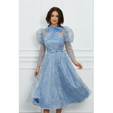 Rochie Ina bleu cu glitter si funda din organza