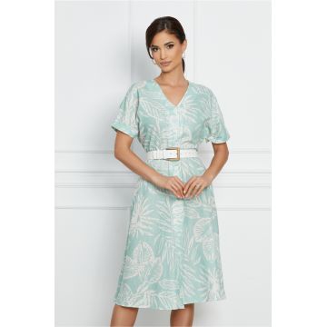 Rochie Larry verde mint cu imprimeu si curea in talie