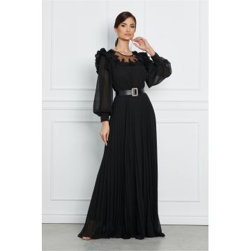 Rochie Laura neagra lunga cu broderie florala si curea in talie