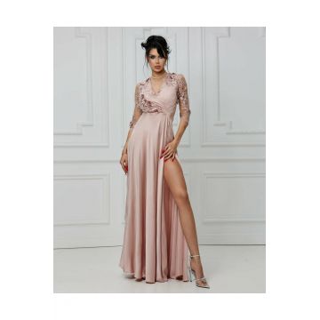 Rochie Lunga din Satin, Petrecuta pe Bust si Dantela cu Flori 3D, Florence, Roz Pudra