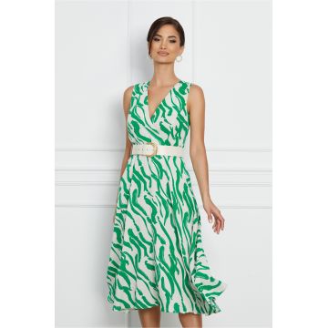 Rochie Malina ivory cu imprimeu verde si curea in talie