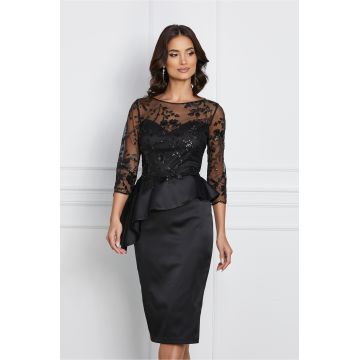 Rochie MBG neagra cu broderie la bust si peplum in talie