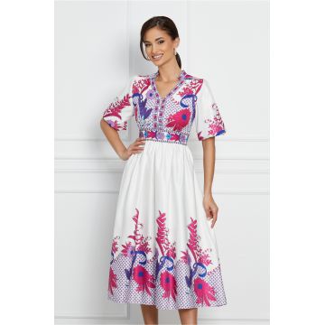 Rochie Natalia alba cu imprimeuri florale fucsia