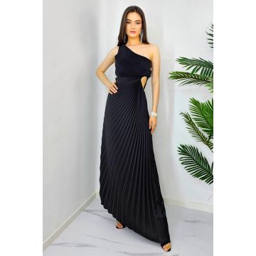 Rochie plisata asimetrica Bloom, cu decupaj in zona taliei, Negru, Masura S/M