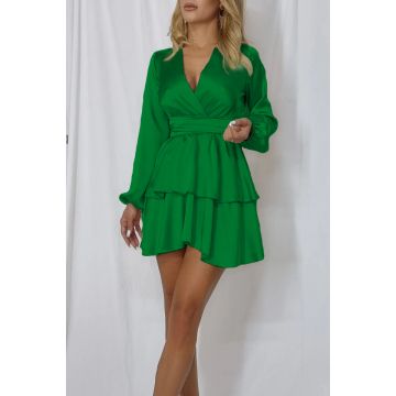 Rochie satinata Freira, cu volane si maneci lungi, Verde, Masura S/M