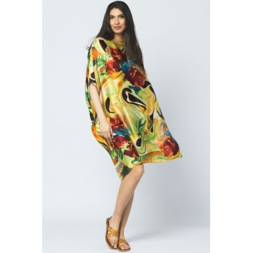 Rochie de plaja tip poncho din matase cu trandafiri pe fond galben