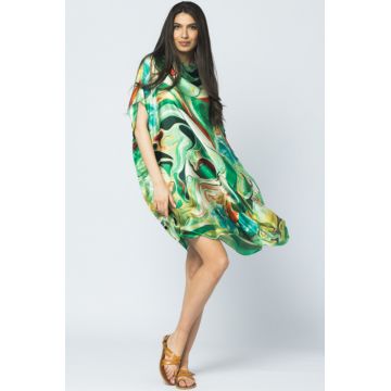 Rochie de plaja tip poncho din matase cu trandafiri pe fond verde intens