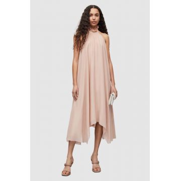 AllSaints rochie de matase culoarea roz, midi, evazati