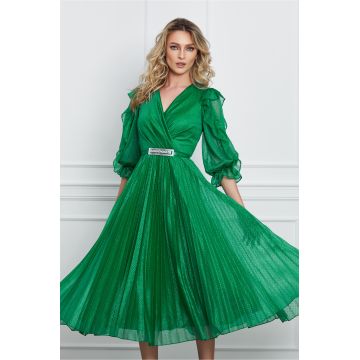 Rochie Corina verde plisata cu volanase la maneci si glitter