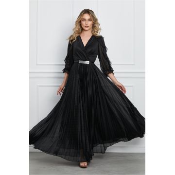 Rochie Crina lunga neagra plisata cu volanase la maneci