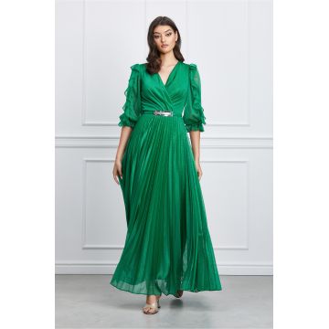 Rochie Crina lunga verde plisata cu volanase la maneci