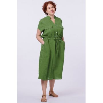 Rochie de vara midi din in cu buzunare si siret in talie, verde olive