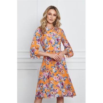 Rochie Diana orange cu imprimeuri florale lila