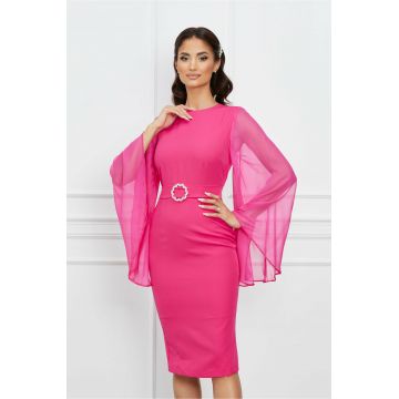 Rochie Dy Fashion fucsia cu maneci din voal evazate si catarama in talie
