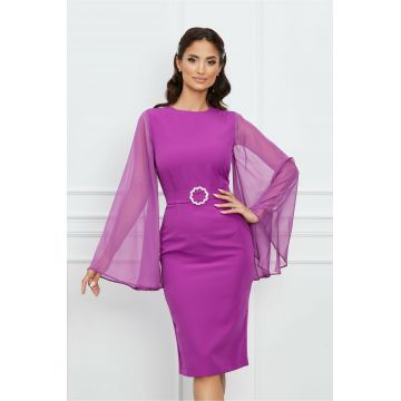Rochie Dy Fashion magenta cu maneci din voal evazate si catarama in talie