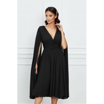 Rochie Dy Fashion neagra cu nasturi pe bust si maneci ample din voal