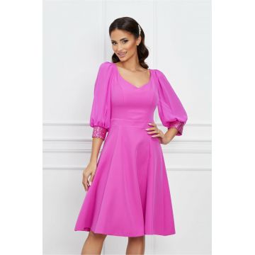 Rochie Dy Fashion roz cu maneci din voal si mansete din paiete