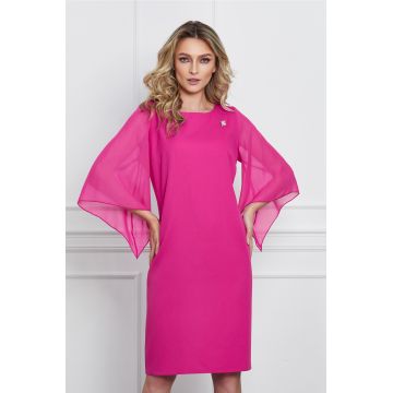 Rochie Iulia fucsia cu maneci trei sferturi din voal
