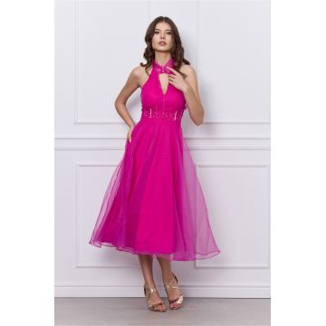 Rochie Lorena fucsia din organza cu margelute