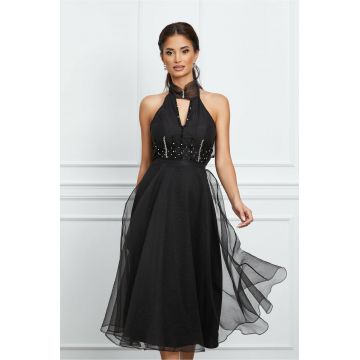 Rochie Lorena neagra din organza cu margelute