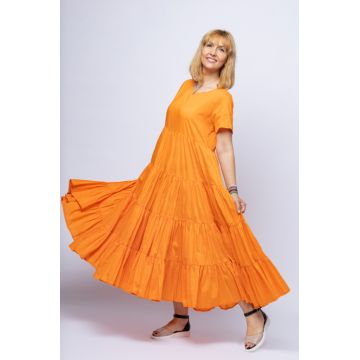 Rochie lunga portocalie cu patru volane