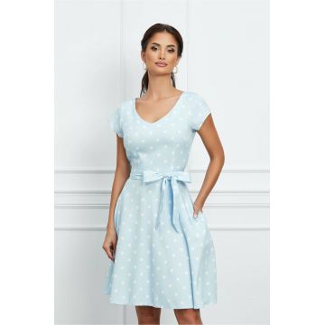 Rochie Mihaela bleu cu buline si cordon in talie