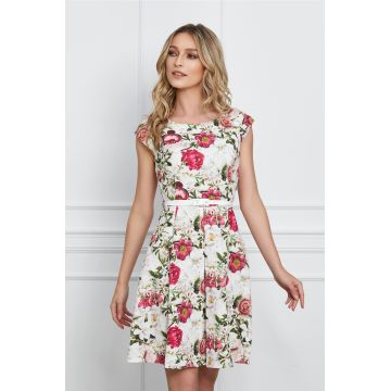 Rochie Mihaela ivory cu imprimeu floral roz si cordon in talie