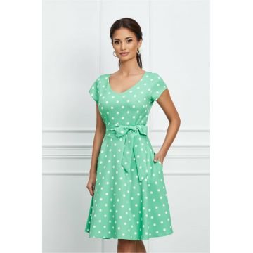 Rochie Mihaela verde mint cu buline si cordon in talie