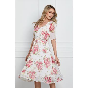 Rochie Natalia alba cu flori roz si cordon in talie