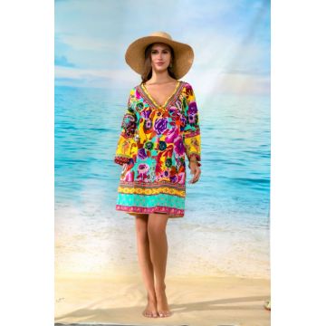 Rochie scurta de plaja din vascoza si bumbac, cu imprimeu floral multicolor