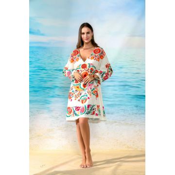 Rochie scurta de plaja din vascoza si bumbac, cu imprimeu floral pe fond ivoriu