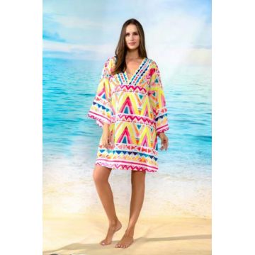 Rochie scurta de plaja din vascoza si bumbac, cu imprimeu geometric galben-fucsia