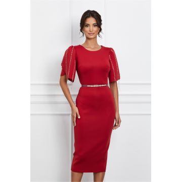 Rochie Alexandra bordo din neopren cu strasuri pe maneci si curea in talie